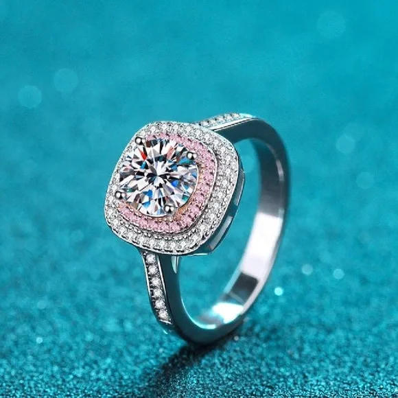 Pink Halo Moissanite Ring | 925 Sterling Silver | Size 9| Engagement Style - Picture 4 of 5